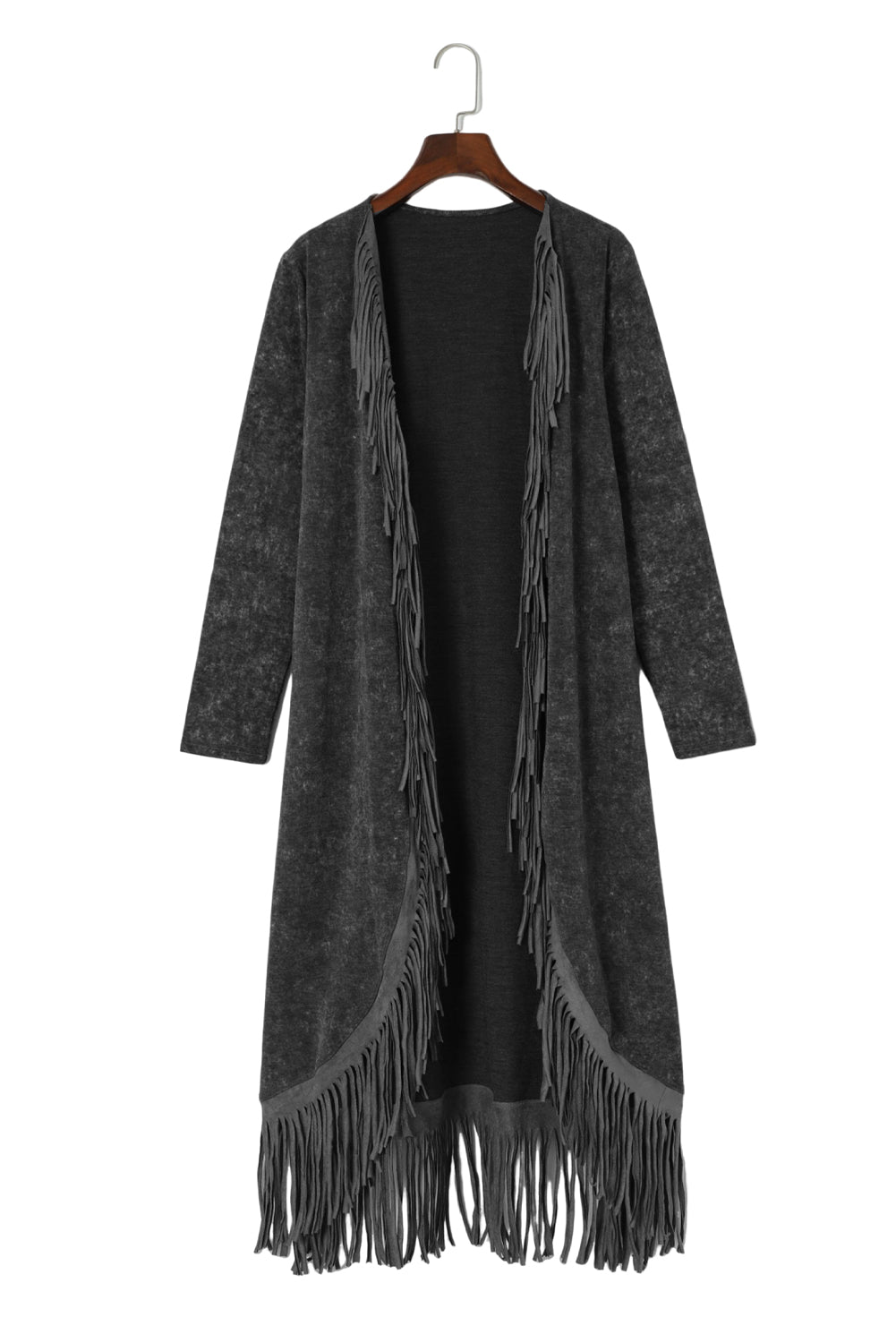 Fringed Hem Pocketed Open Cardigan