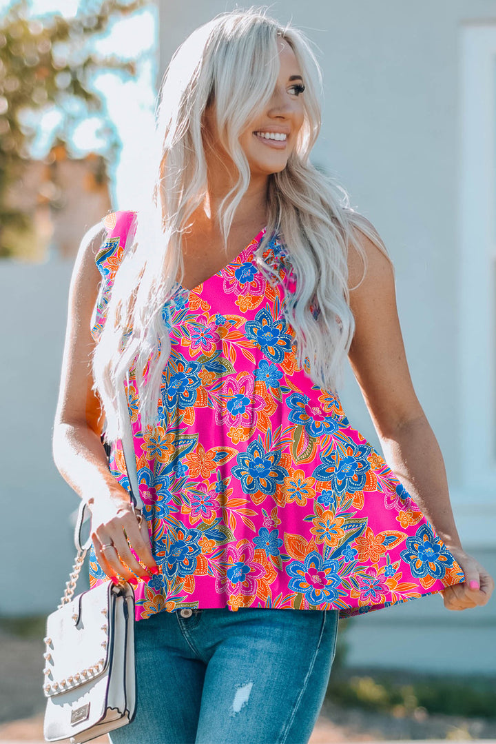 Boho Pattern Print Flounce V Neck Tank Top