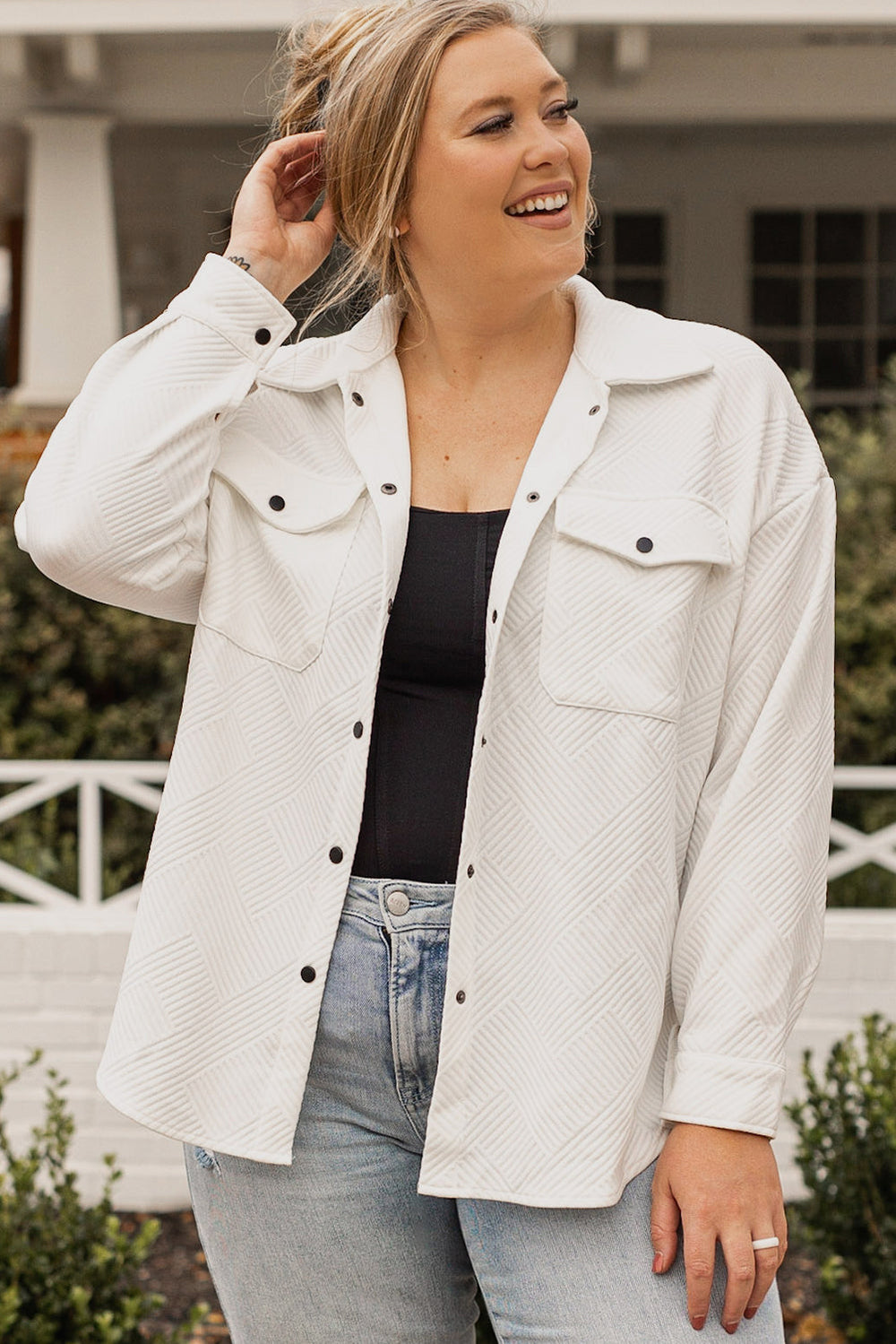 Plus Size Textured Flap Pockets Jacket