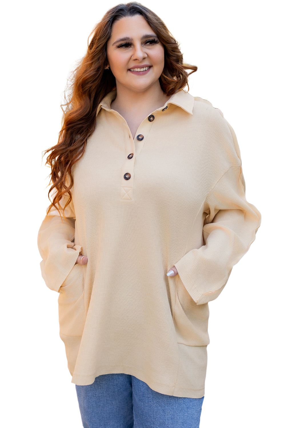 Plus Size Thermal Waffle Knit Henley Tunic Top