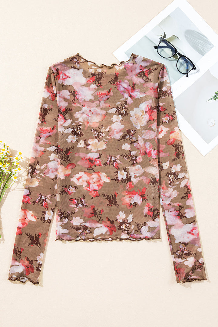 Floral Print Sheer Mesh Long Sleeve Top