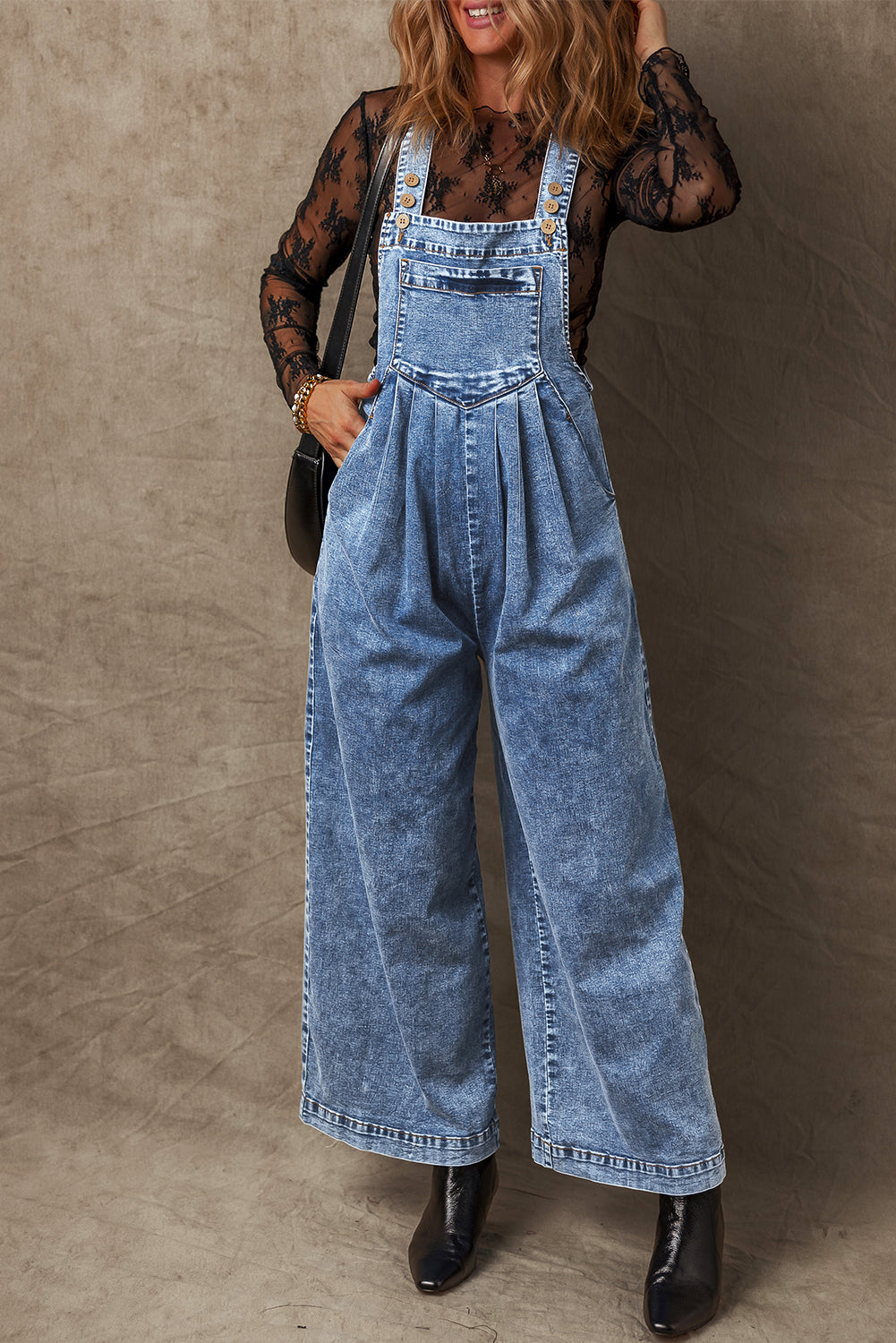 Mineral Wash Buttoned Straps Wide Leg Denim Overalls