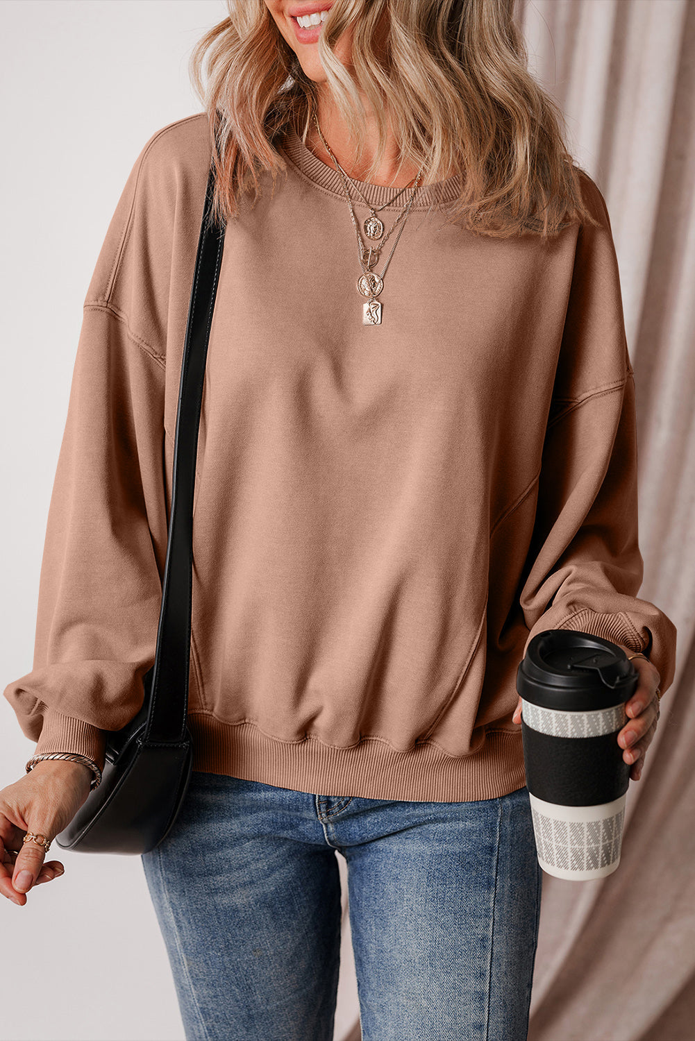 Exposed Seam Batwing Sleeve Drop Shoulder Sweatshirt