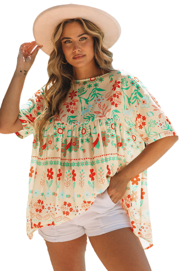 Ethnic Floral Print Rolled Sleeve Babydoll Top