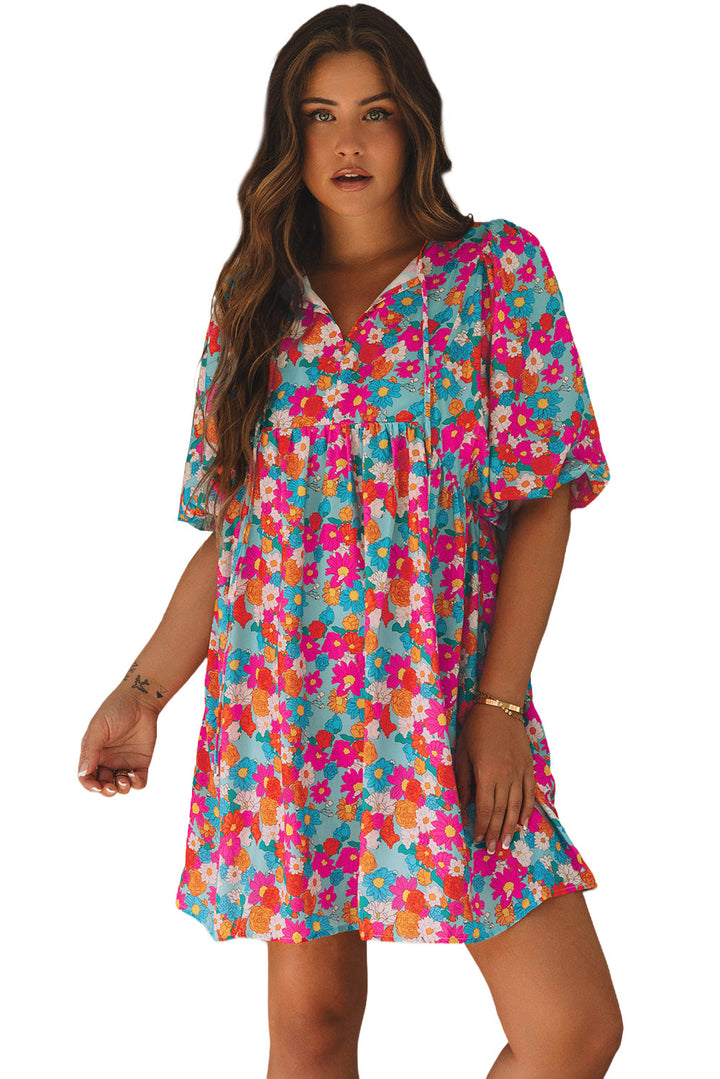 Floral Print Tie Split Neck Bubble Sleeve Babydoll Dress