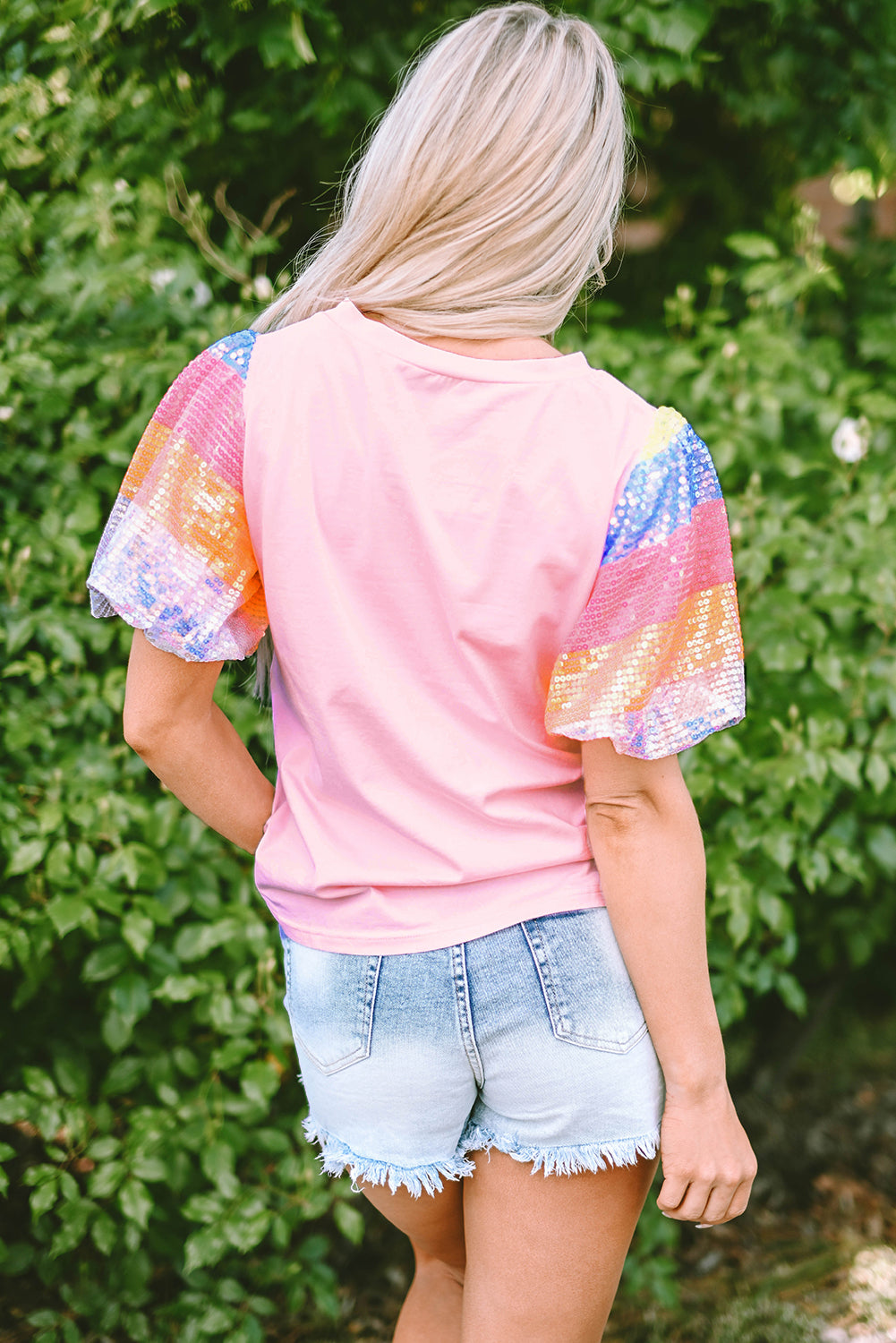 Pink Sequin Colorblock Striped Puff Sleeve Top