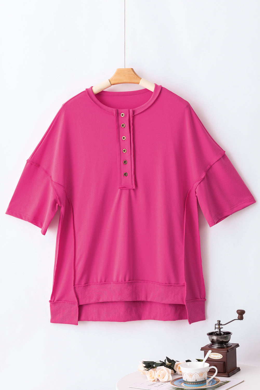 Exposed Seam Button Neck Wide Sleeve Tunic Top