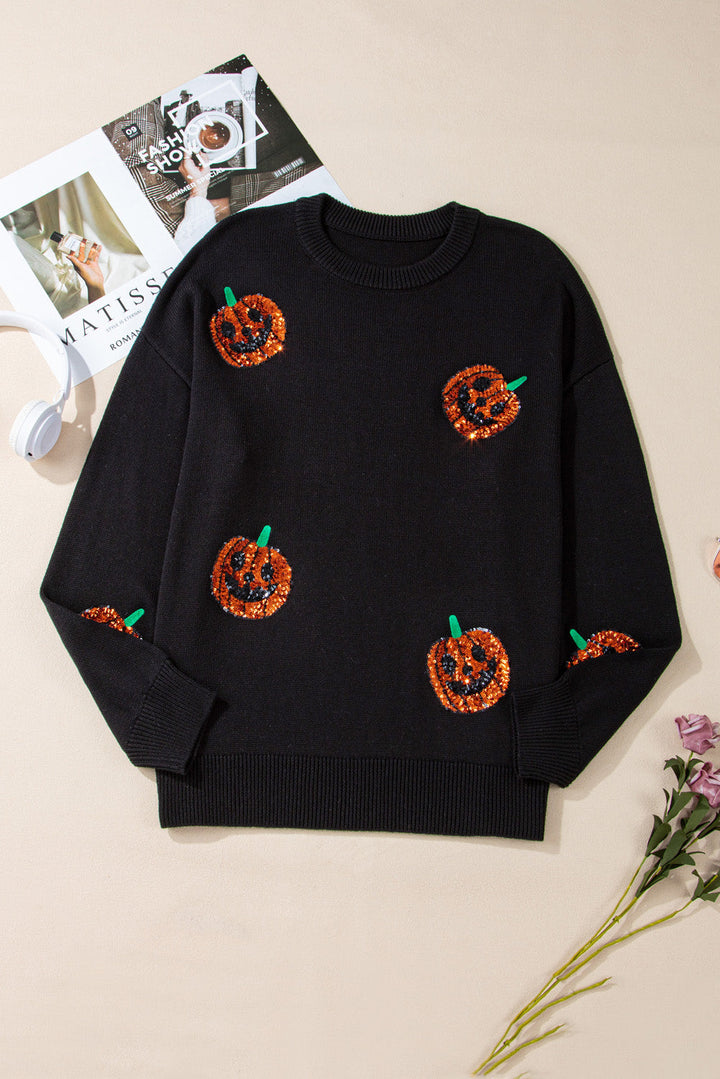 Plus Size Halloween Sequined Pumpkin Pattern Sweater