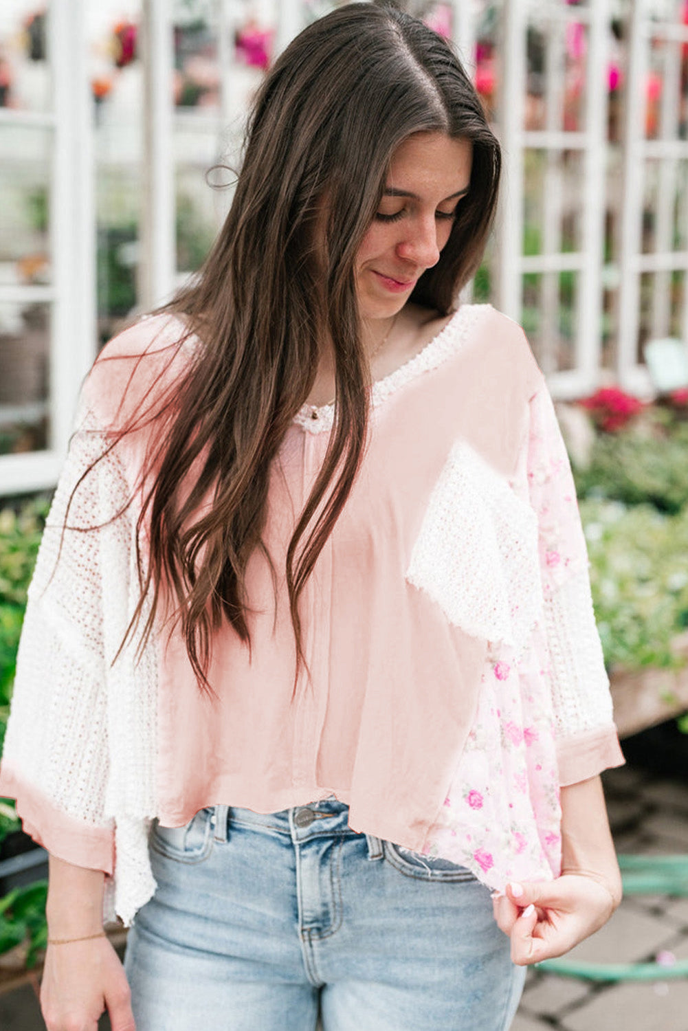 Floral Lace Crochet Patchwork Batwing Sleeve Blouse