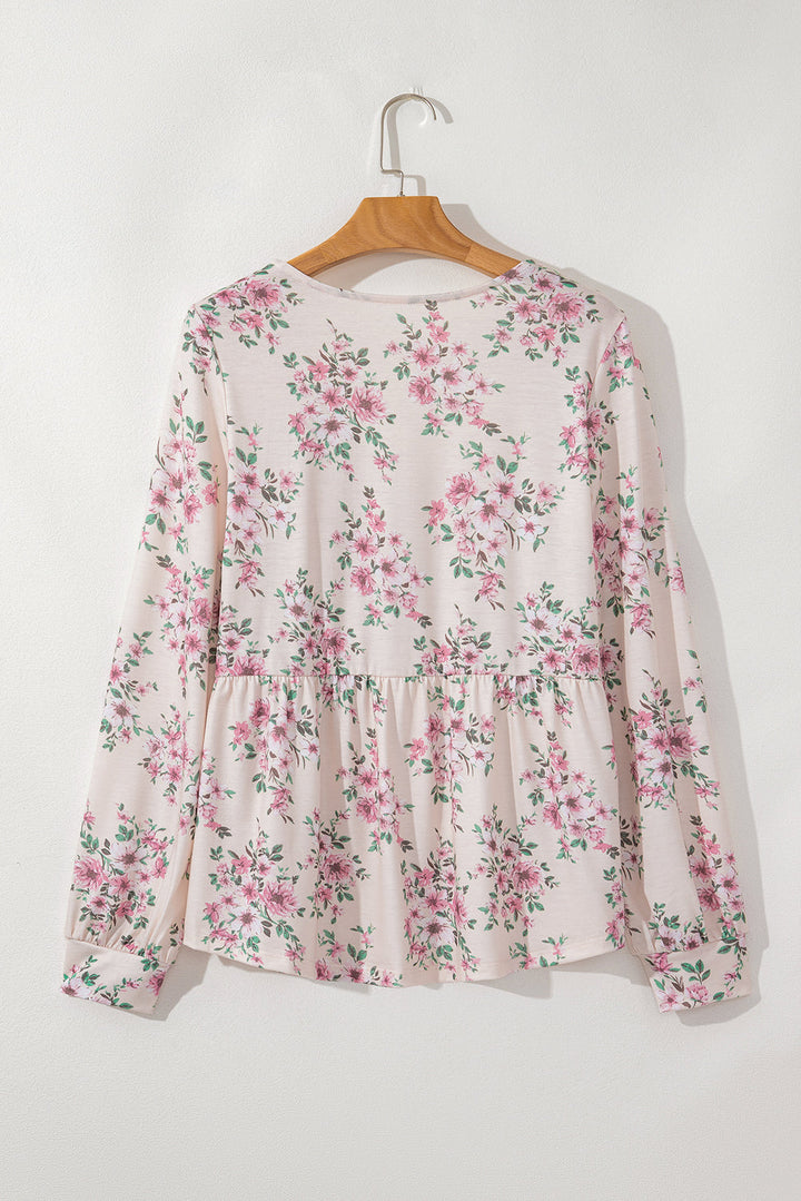 Floral Print Pleated U Neck Loose Fit Blouse