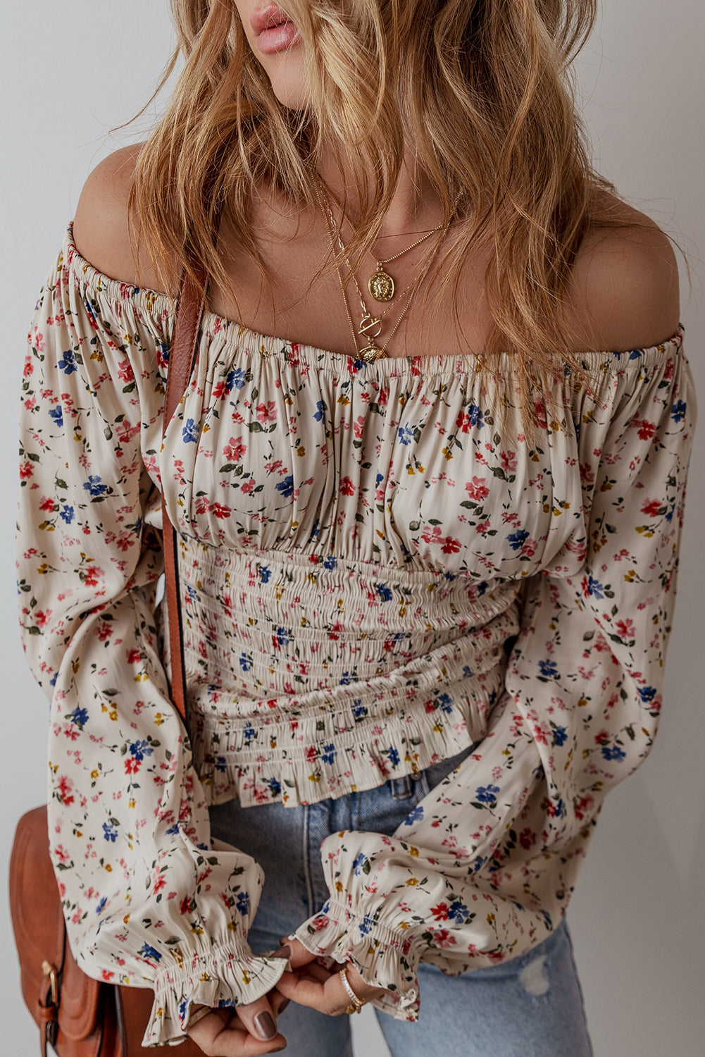 Boho Floral Print Smocked Waist V Neck Blouse