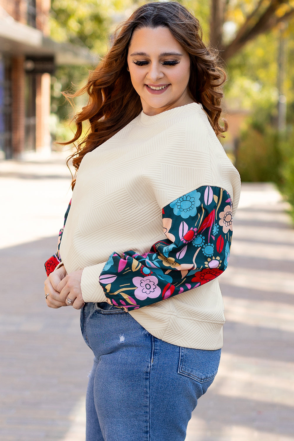 Floral Patchwork Sleeve Textured Plus Size Pullover Top