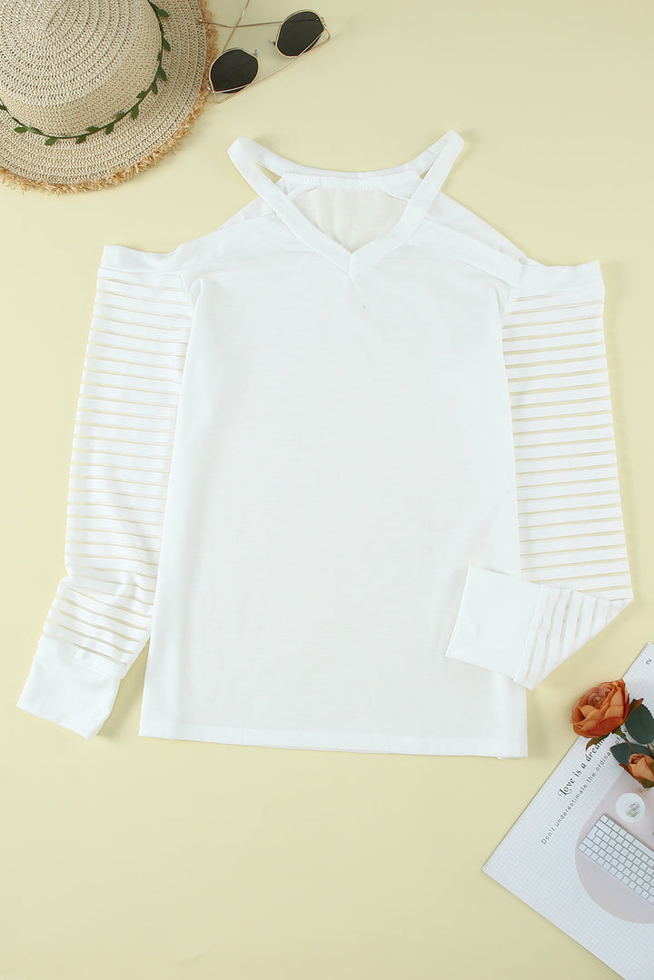 Mesh Striped Cut-out Cold Shoulder Long Sleeve T-shirt