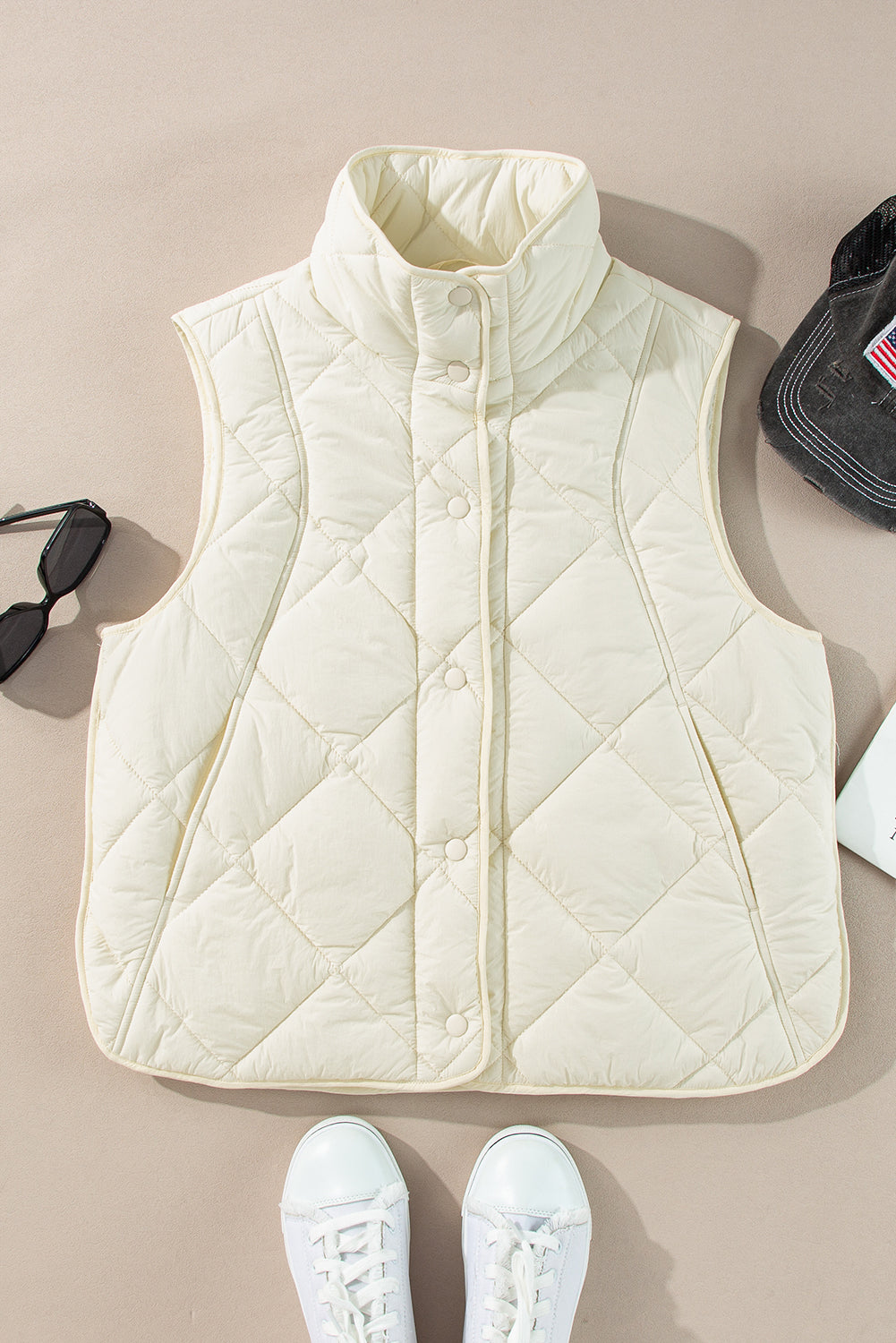 Quilted High Neck Button Up Pocket Vest Coat