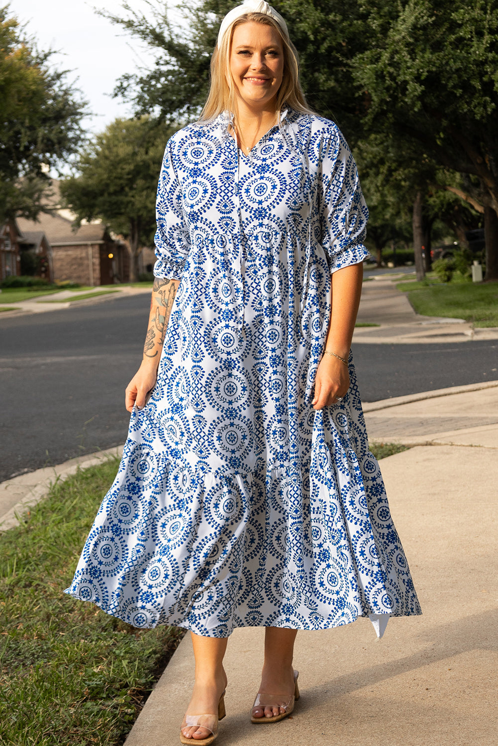 Geometric Print Lace-up Notch Neck Plus Size Maxi Dress