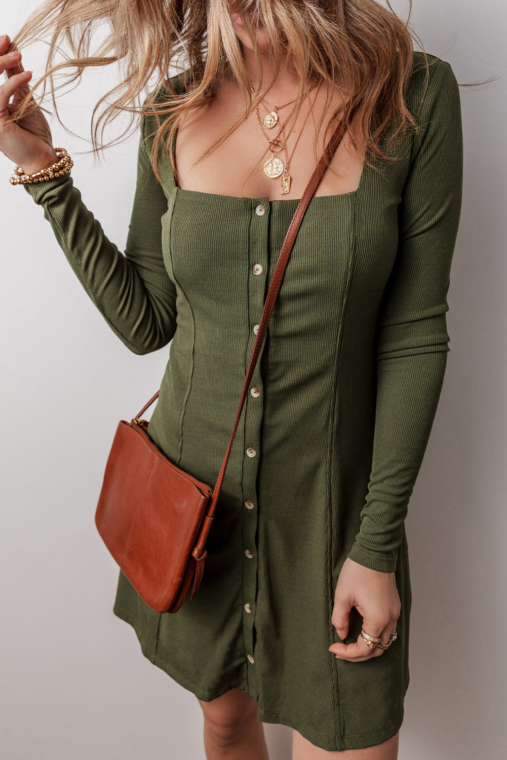 Rib Knit Square Neck Buttoned Long Sleeve Mini Dress