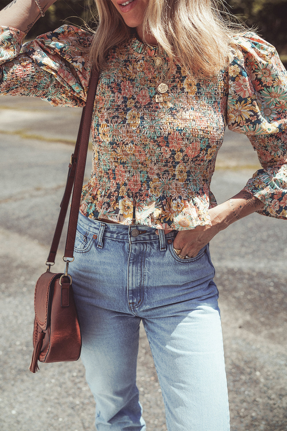 Floral Print Smocked Bubble Sleeve Ruffled Crop Top