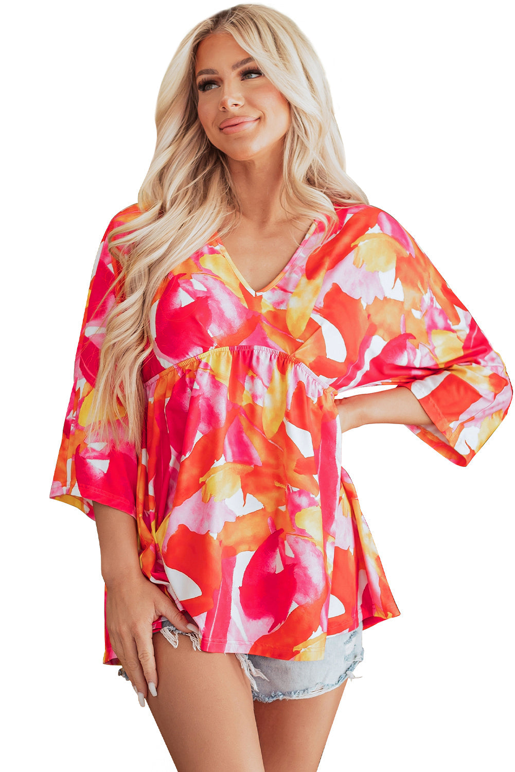 Abstract Print 3/4 Sleeve V Neck Ruffled Babydoll Blouse