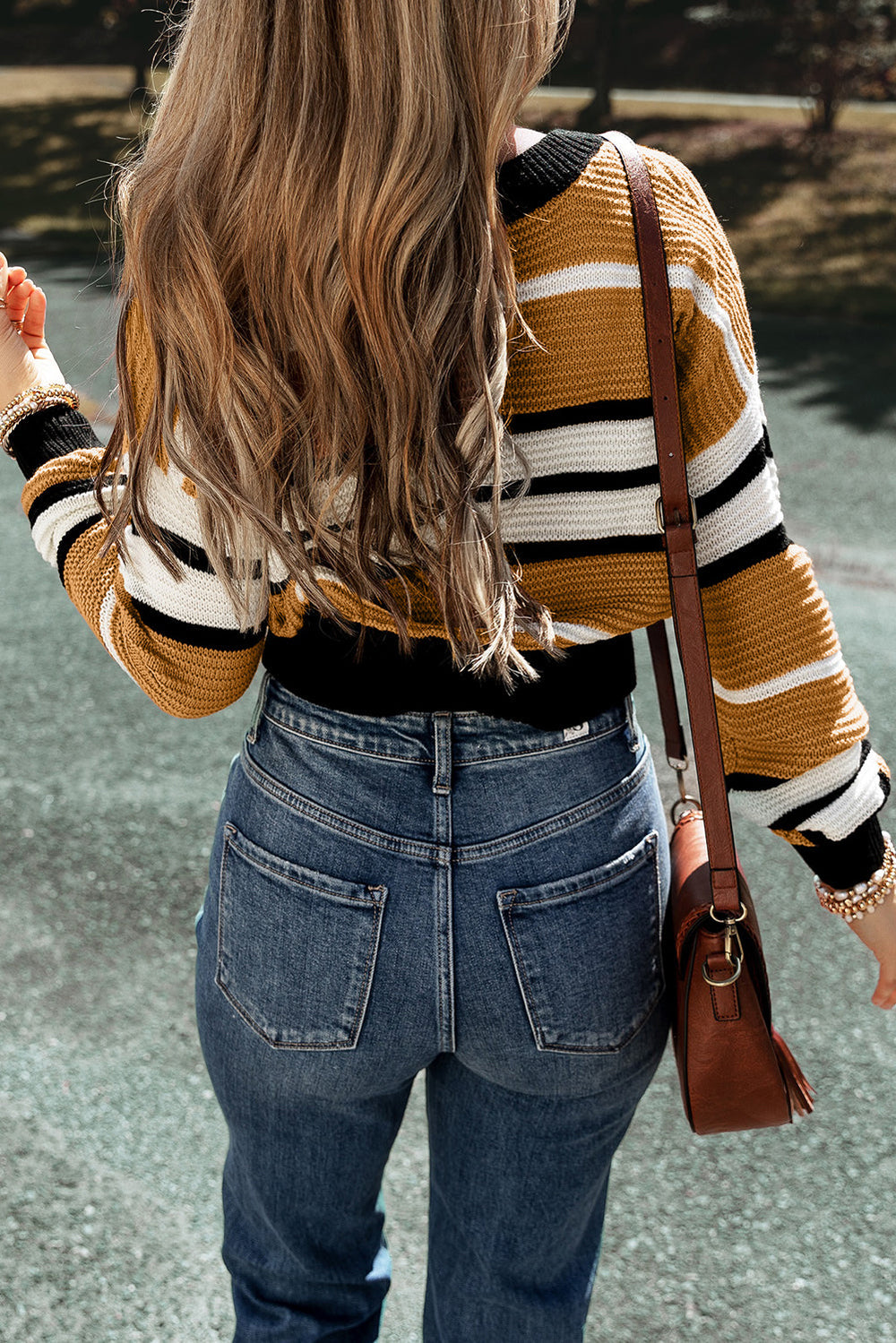 Contrast Stripes V Neck Textured Knit Sweater