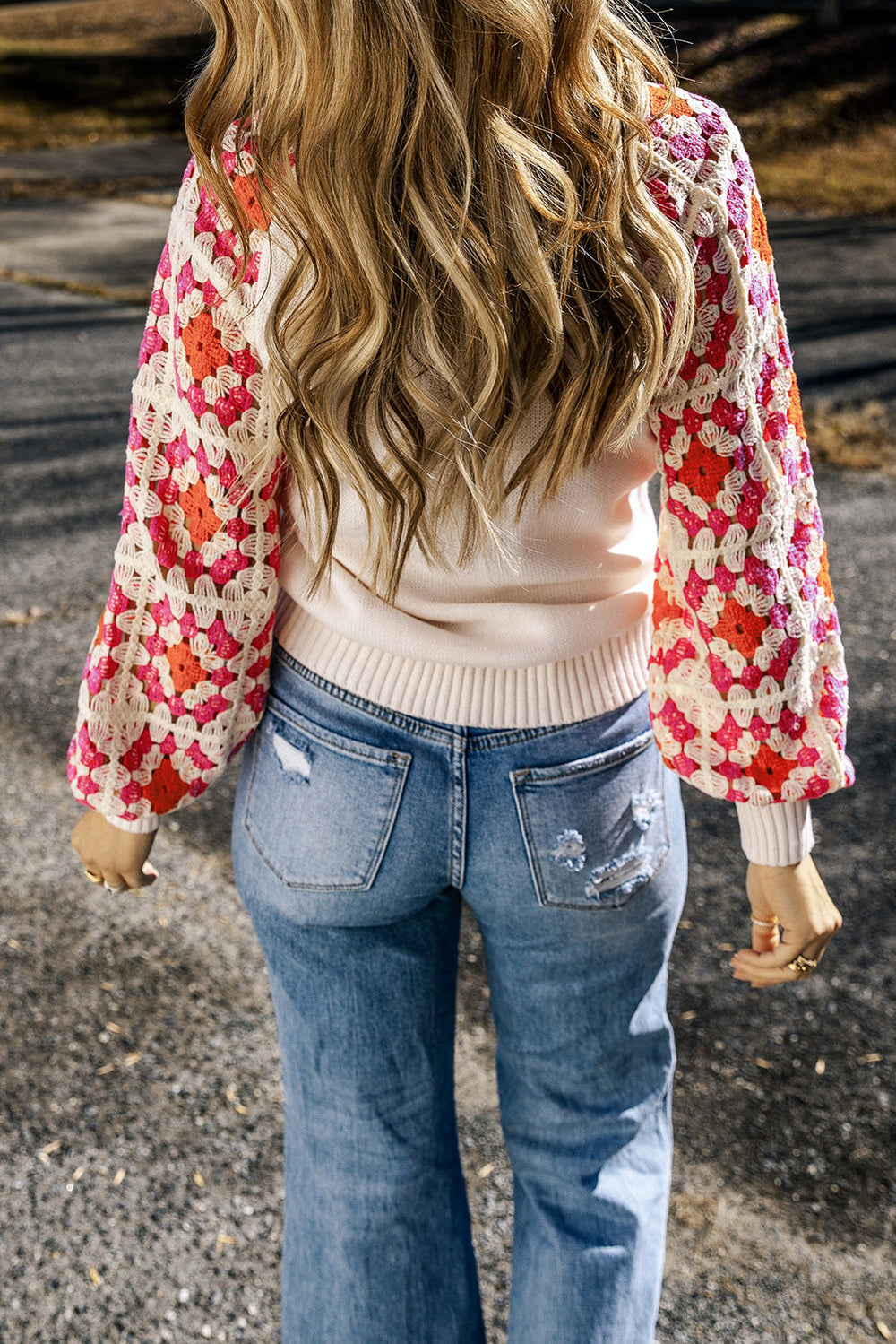 Crochet Puff Sleeve Contrast Knit Sweater