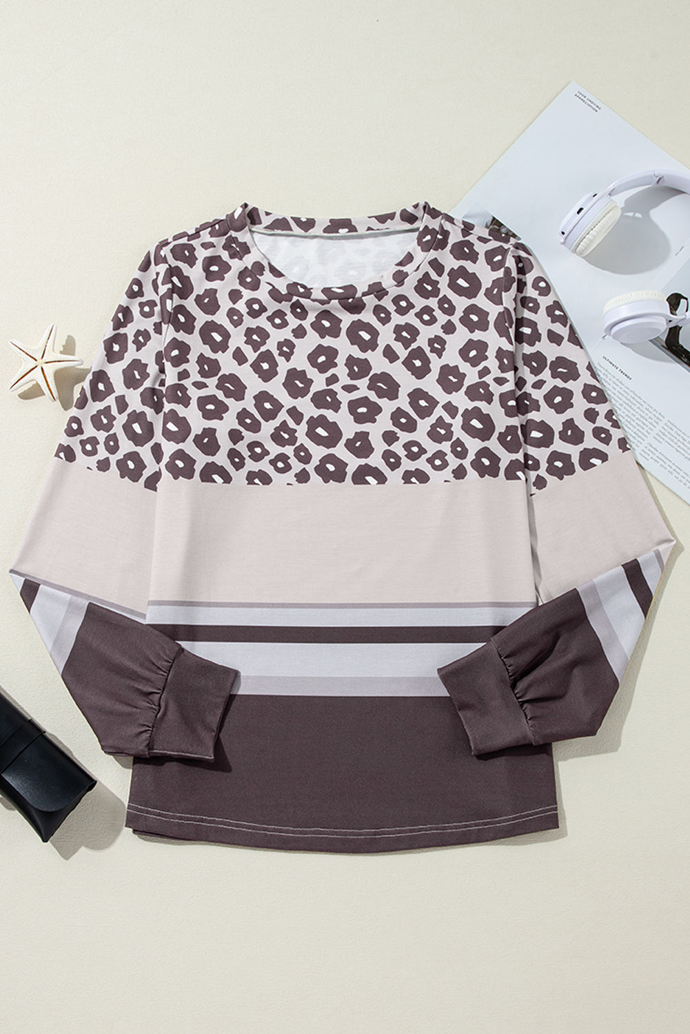 Leopard Color Block Crewneck Long Sleeve Top