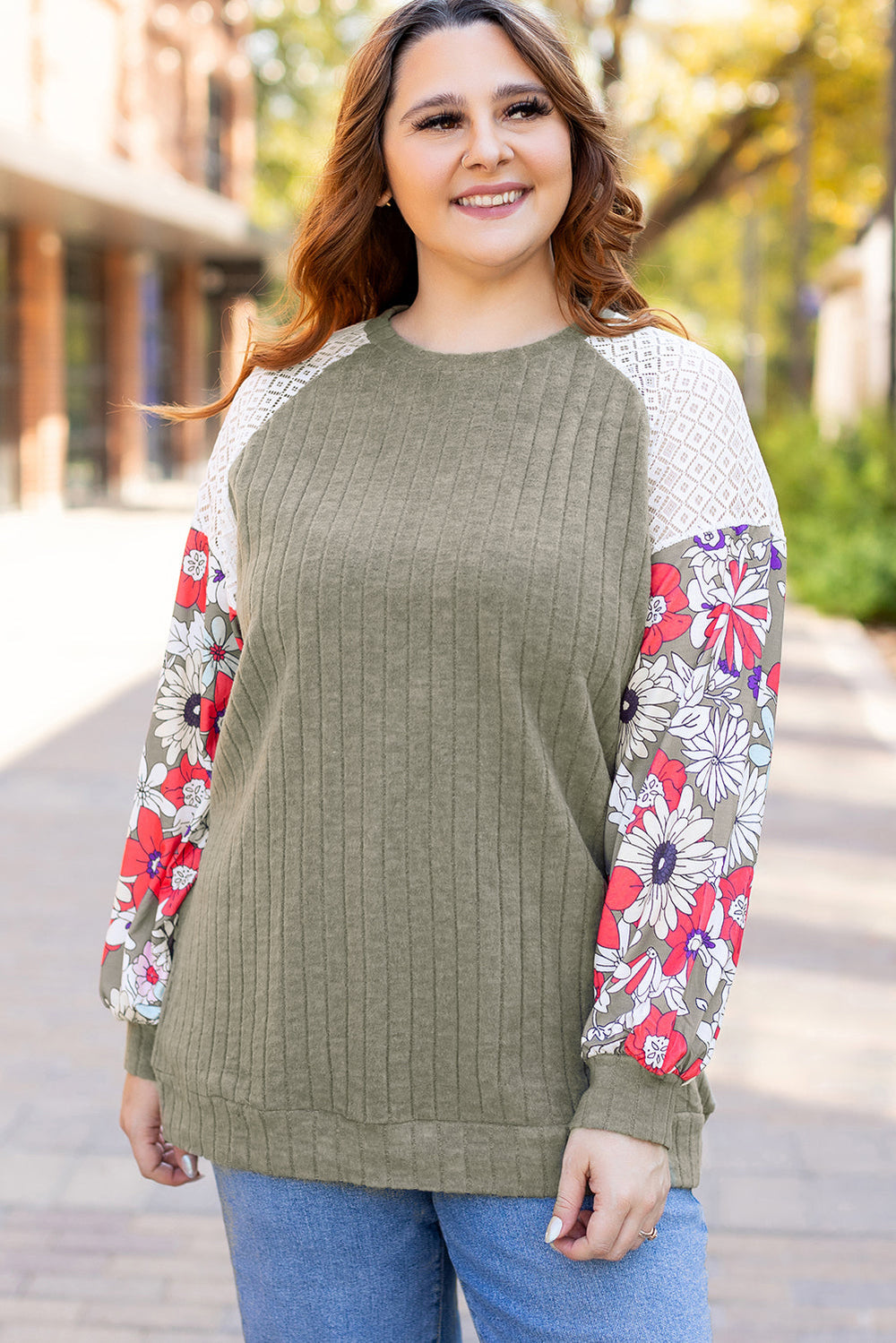 Plus Size Textured Floral Patchwork Raglan Sleeve Blouse