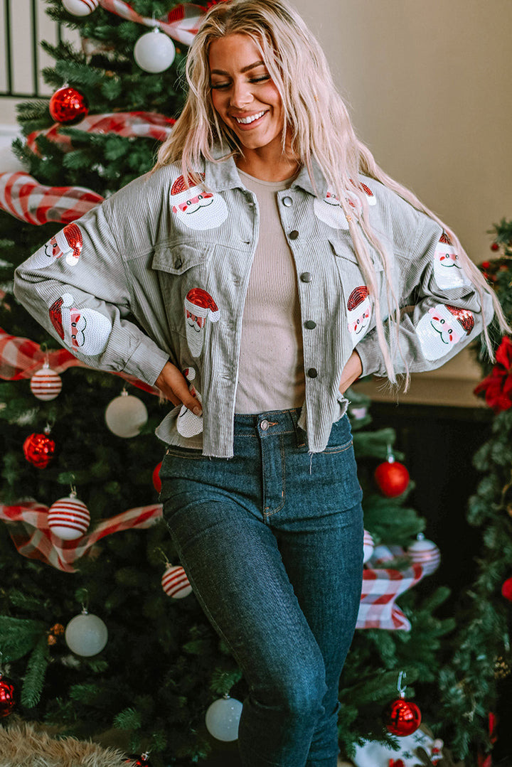 Sequined Santa Claus Flap Pocket Corduroy Jacket