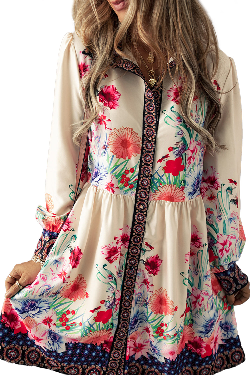 Floral Print Buttoned High Waist Shirt Mini Dress