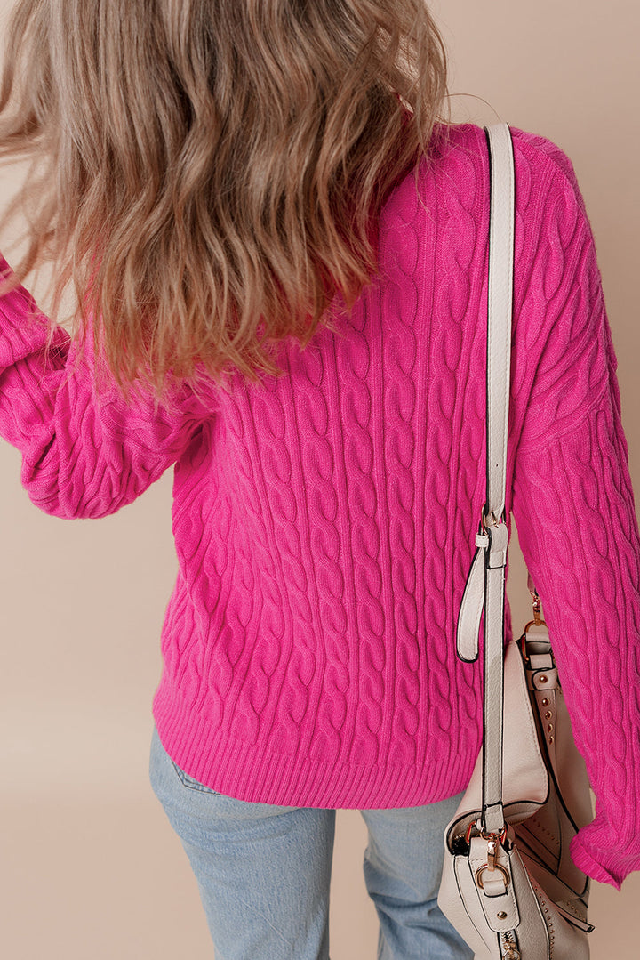 Solid Cable Knit High Neck Drop Shoulder Sweater