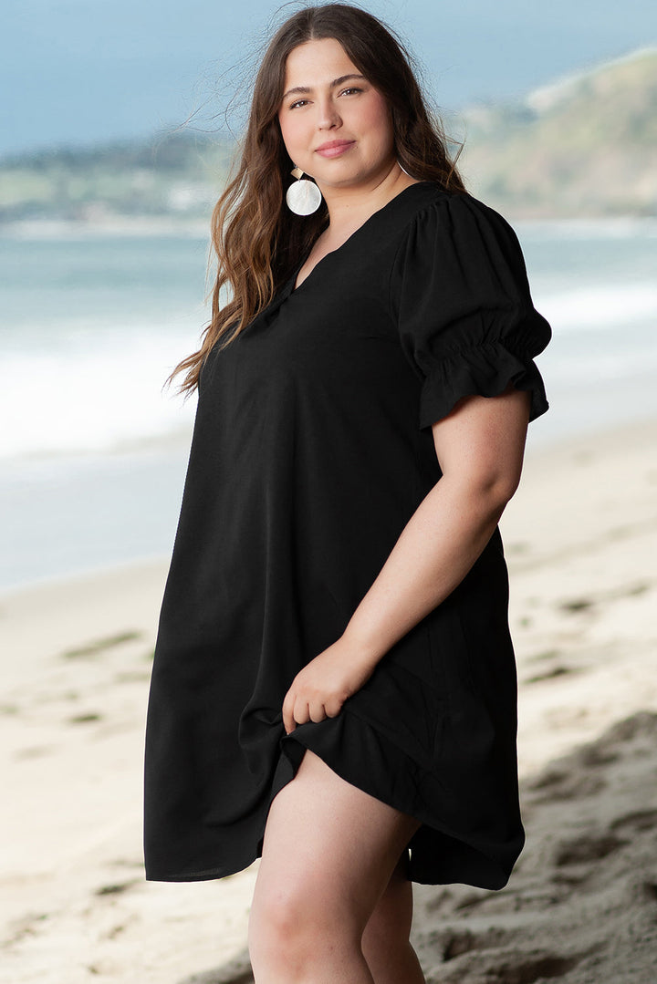 Solid Ruffled Puff Sleeve V Neck Plus Size Mini Dress