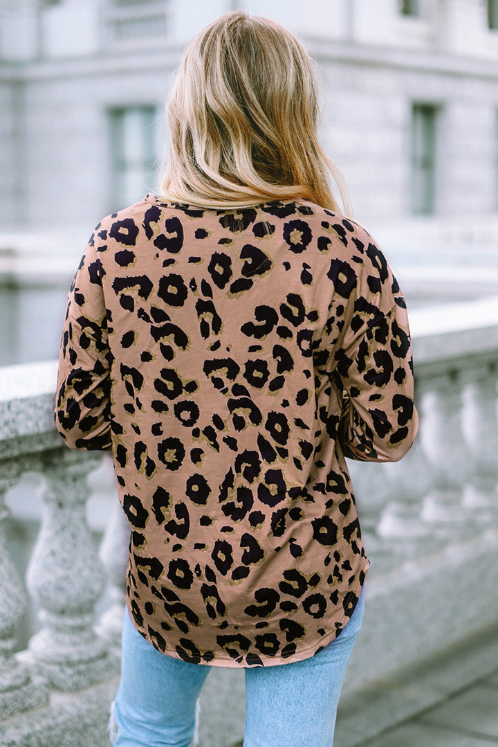 Leopard Split Joint V Neck Long Sleeve Tops