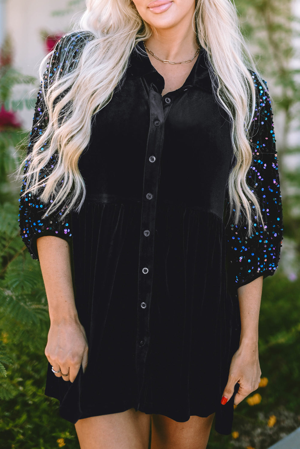 Sequin Puff Sleeve Buttoned Velvet Peplum Shirt