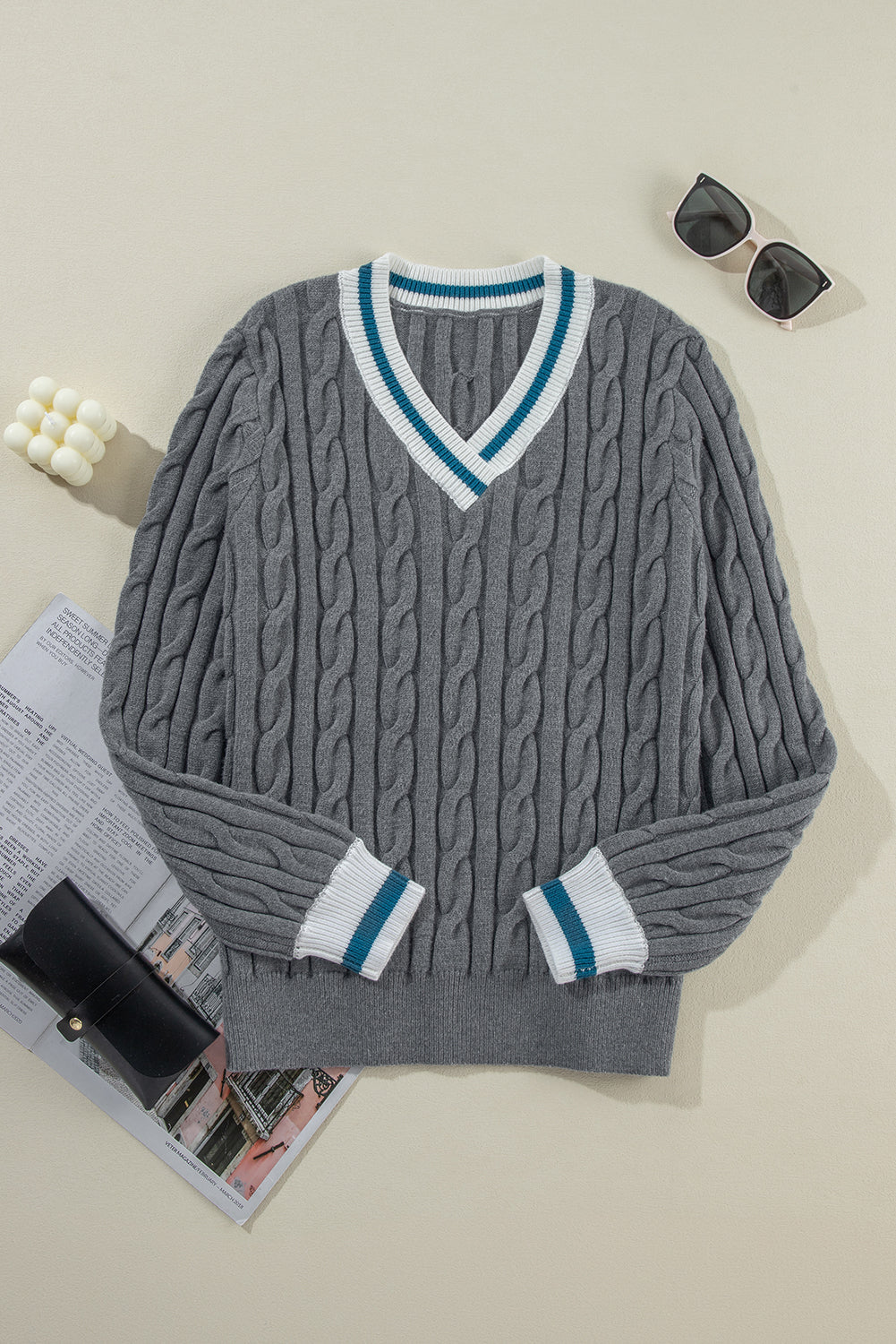 Color Contrast Ribbed Edge Cable Knit V Neck Sweater