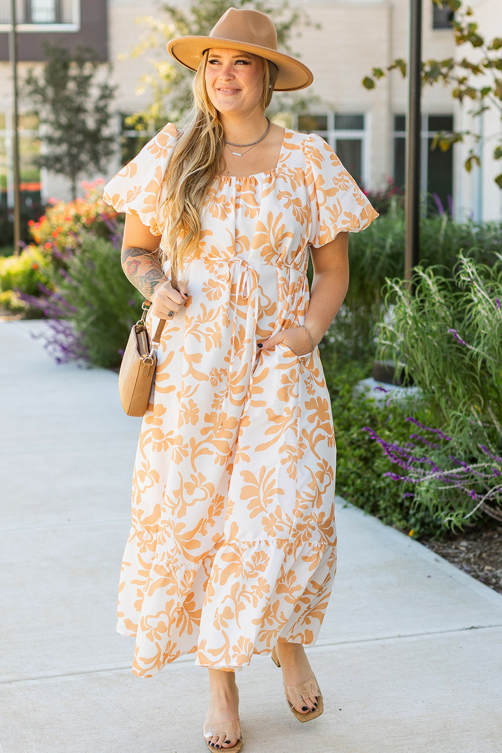 Floral Print Puff Short Sleeve Resort Plus Size Maxi Dress