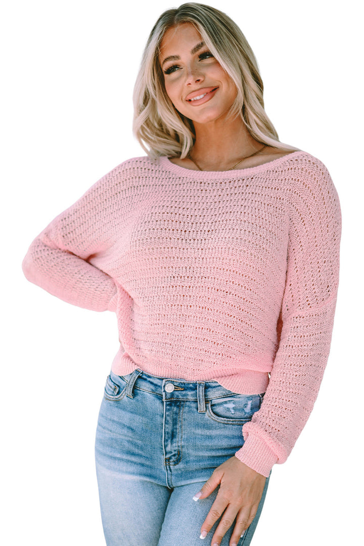 Knitted Eyelets Round Neck Long Sleeve Top