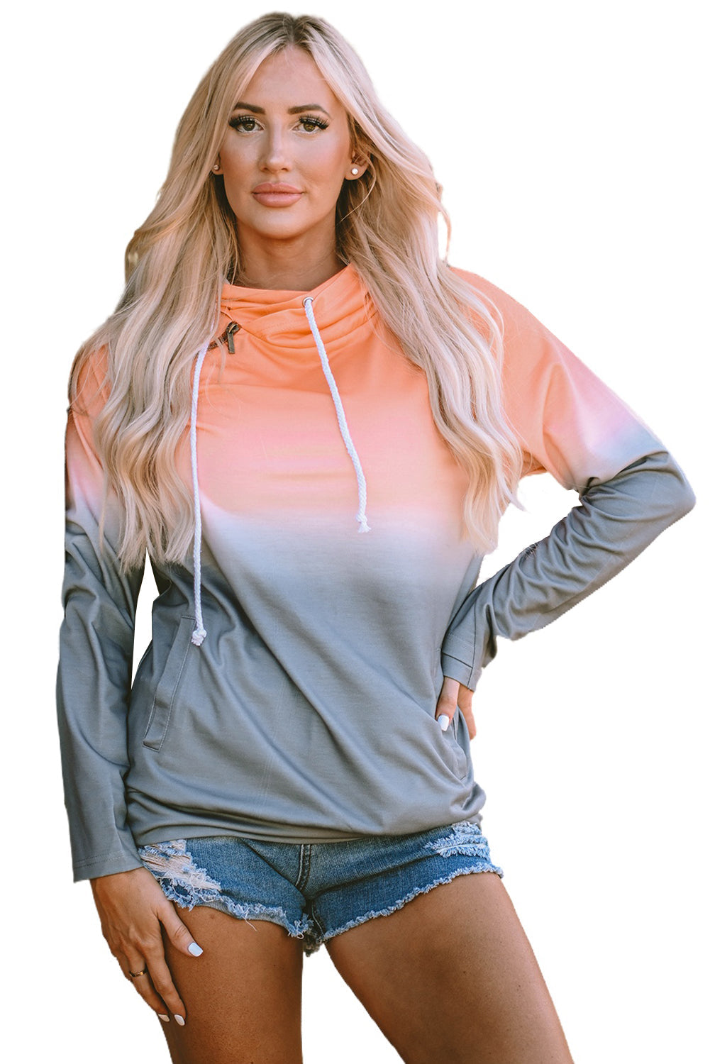 Gradient Thumbhole Sleeve Pocketed Zipper Hoodie