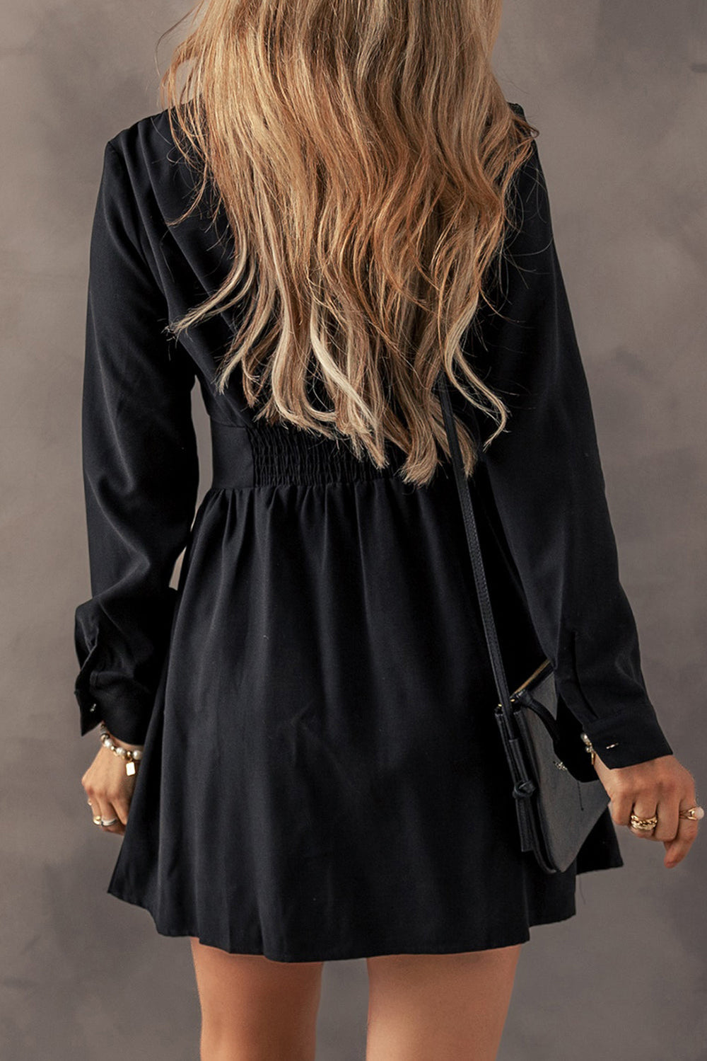 Elastic Cinched High Waist Long Sleeve Shirt Mini Dress