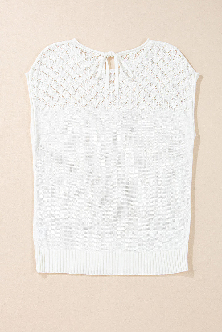 Eyelet Knit Tied Back Short Sleeve Sweater