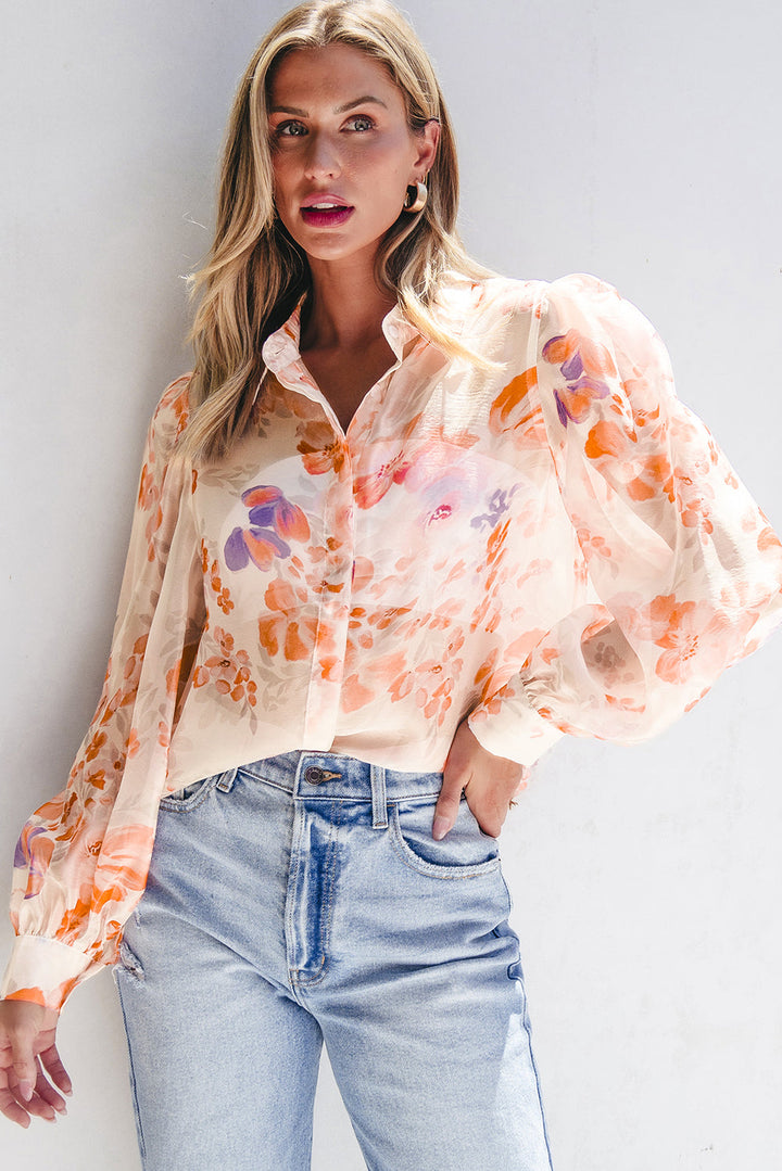 Floral Print Collared Balloon Sleeve Loose Shirt