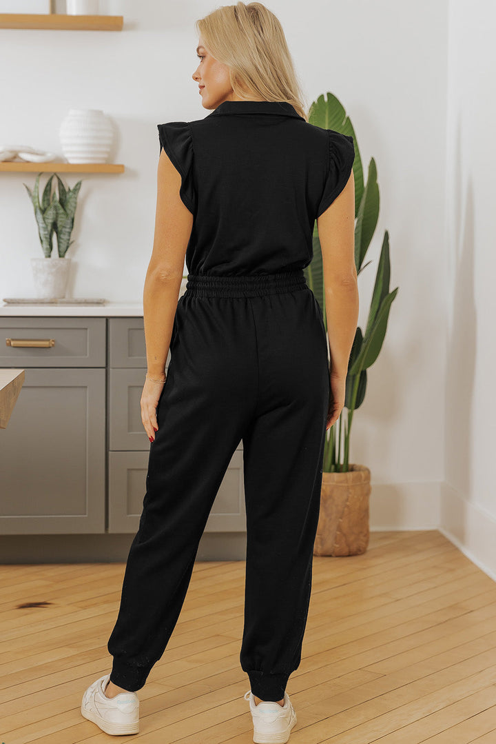 Zipper Flutter Sleeve Drawstring High Waist Jumpsuit