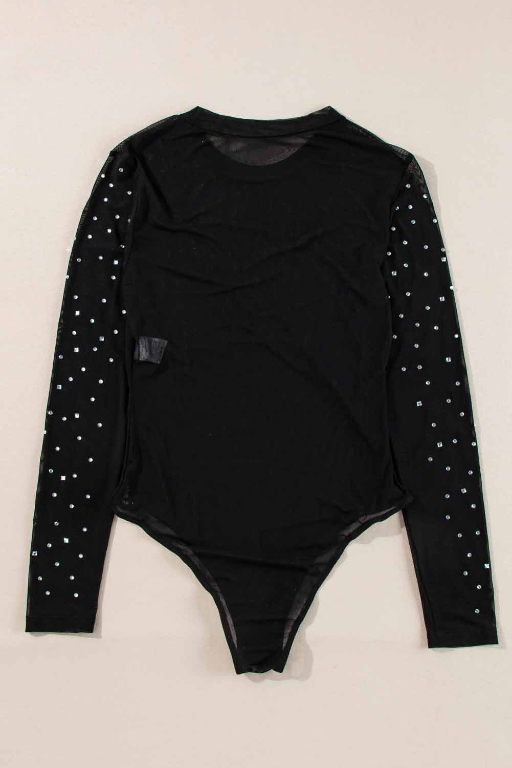 Rhinestone Sheer Mesh Long Sleeve Bodysuit