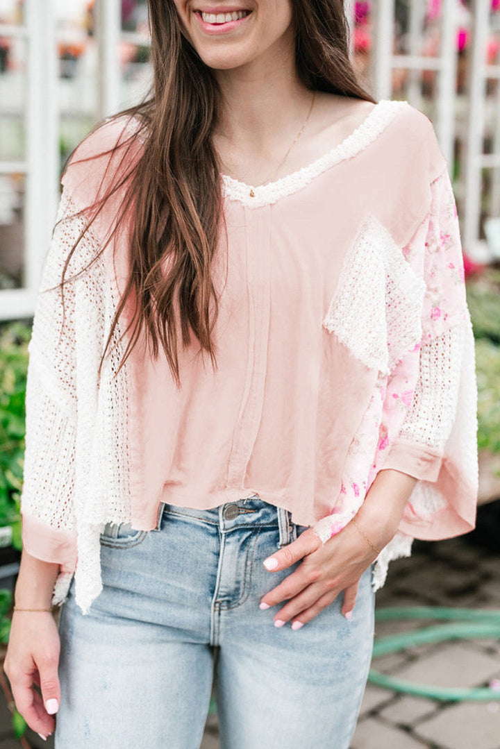 Floral Lace Crochet Patchwork Batwing Sleeve Blouse