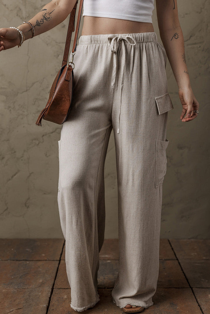 Boho Linen Drawstring Waist Raw Edge Cargo Loose Pants