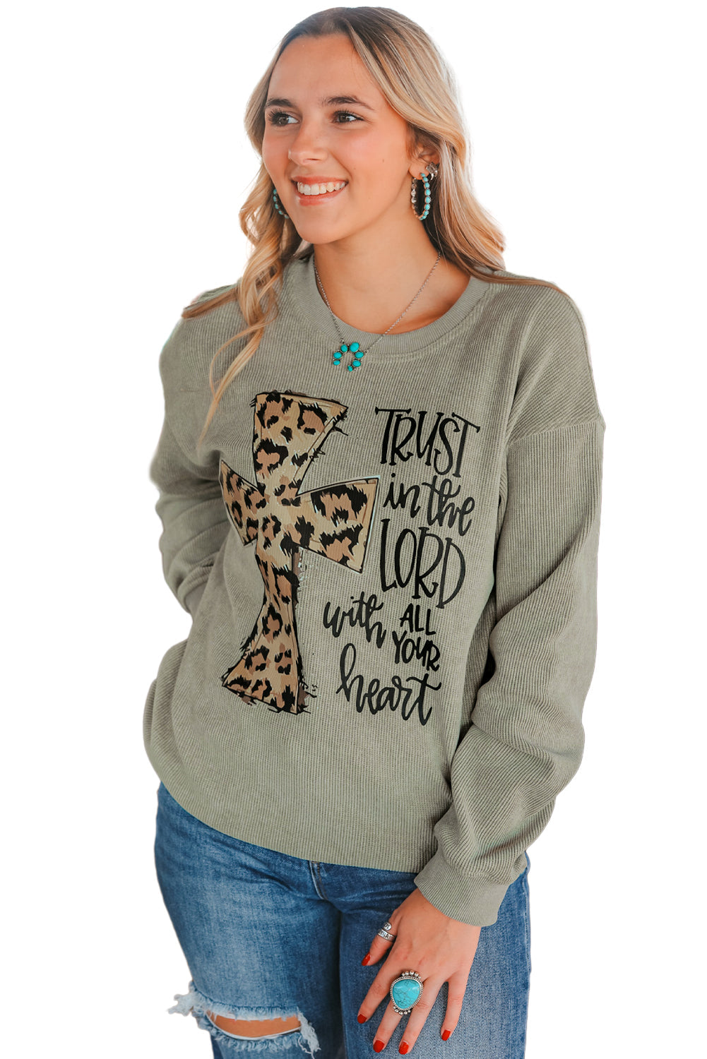 Leopard Jesus Cross Corded Oversized Sweatshirt