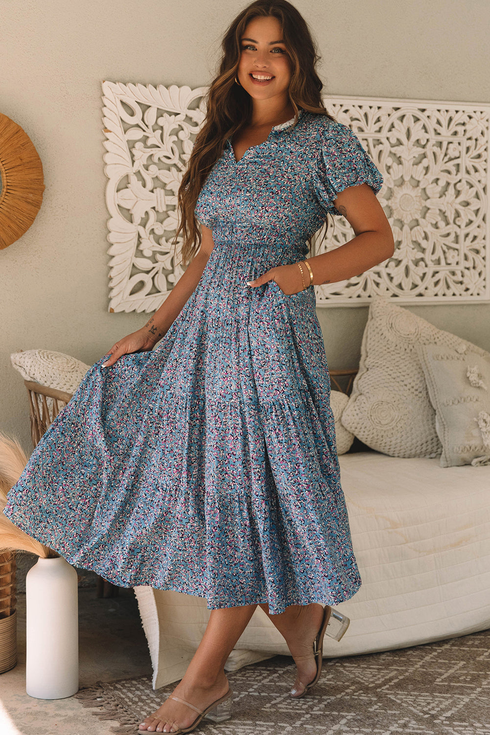 Printed V Neck Shirred Short Puff Sleeve Maxi Dress