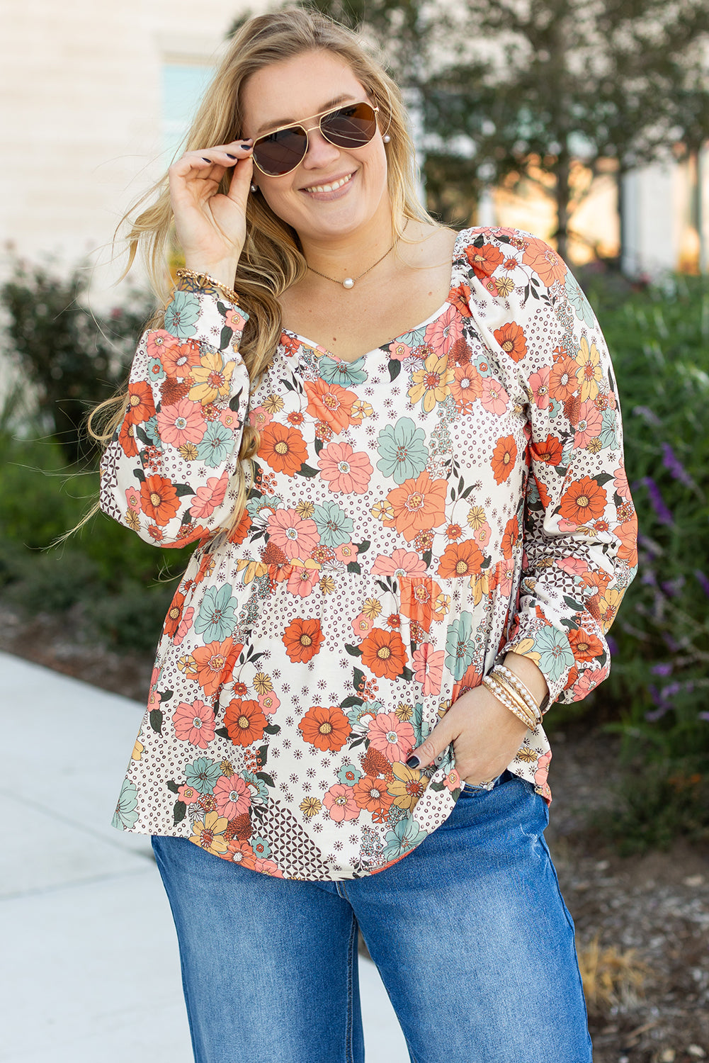 Plus Size Flower Print Square Neck Peplum Blouse