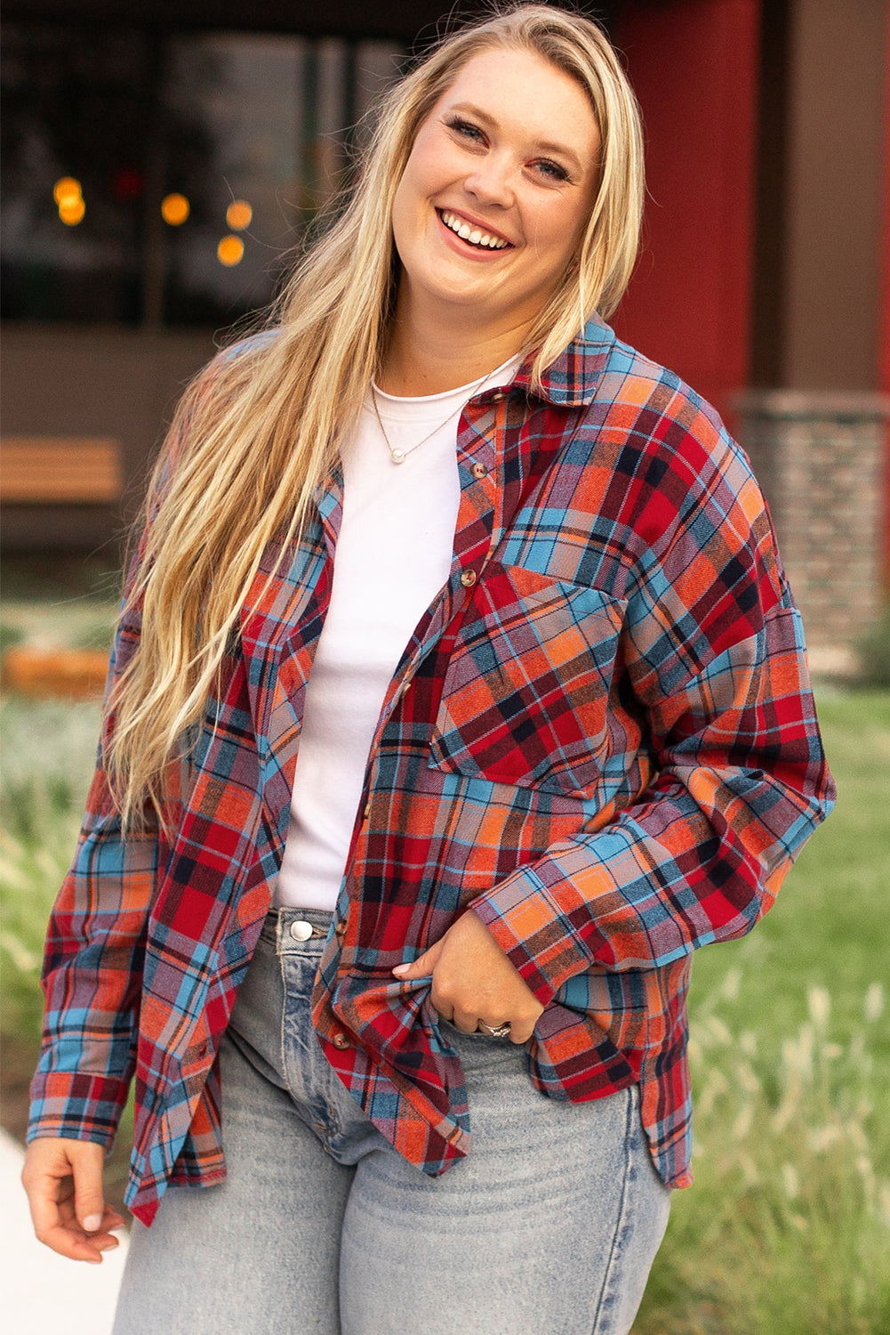 Plus Size Plaid Print Buttoned Shirt