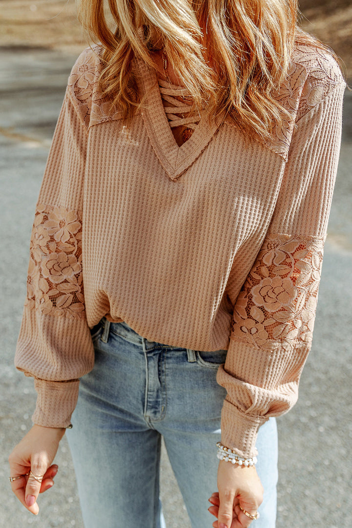 Lace Waffle Patchwork Strappy V Neck Long Sleeve Top