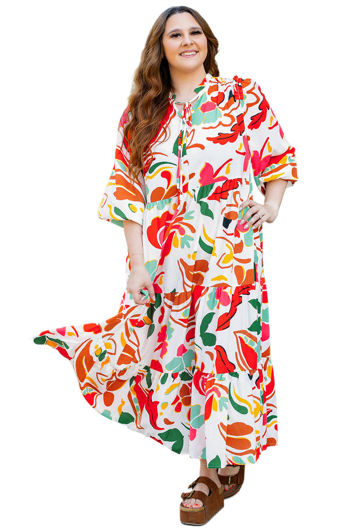 Floral Print Drawstring V Neck Tiered Plus Size Dress