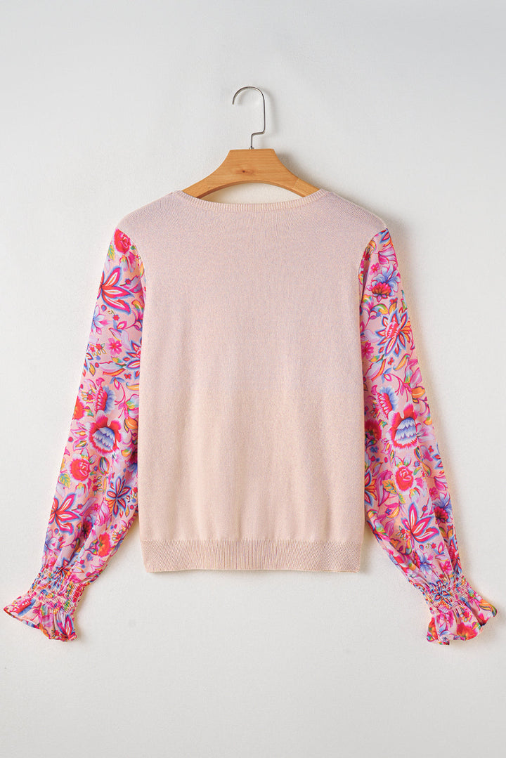 Floral Printed Patchwork Smocked Lantern Sleeve Knit Top